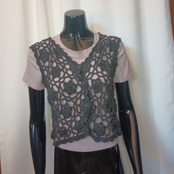 Cherry Stix Sweaters - Vintage Cherry Stix Womens Crochet Button Vest OS/ S-M  Black 90s Fairy Grunge